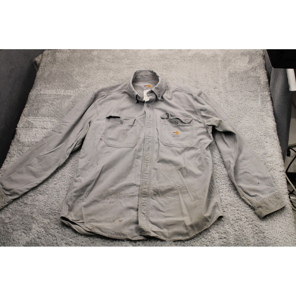 Carhartt FR Flame Resistant Work Shirt Men's Large L Gray Button Distressed